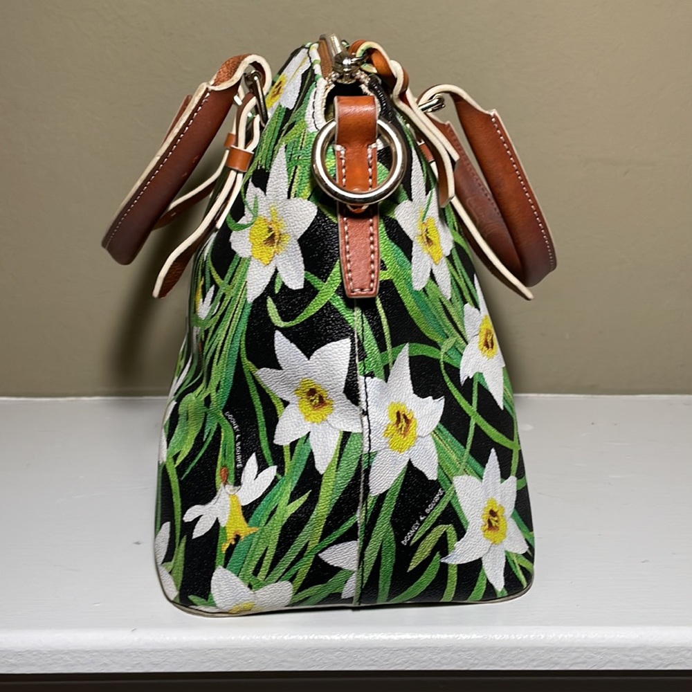Dooney & Bourke Floral Daffodil Satchel with Brown Leather Handles - Picture 4 of 13